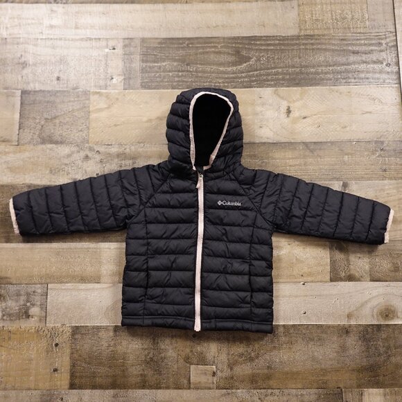 Columbia Omni-Heat Hooded Puffer Jacket Toddler Size 3T Black with Pink Trim - Picture 1 of 7
